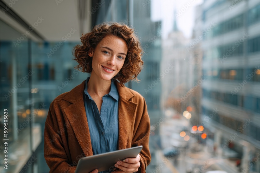 Aufkleber smiling woman holding tablet in modern office, representing digital transformation and corporate com
