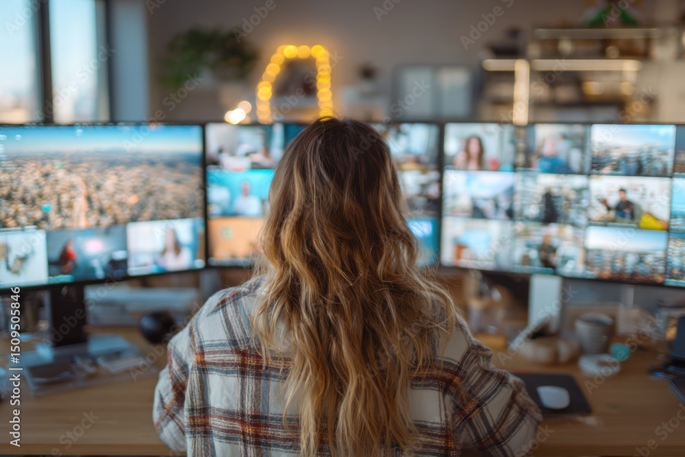 Aufkleber woman attending virtual meeting on multiple monitors from home, representing remote work and online 