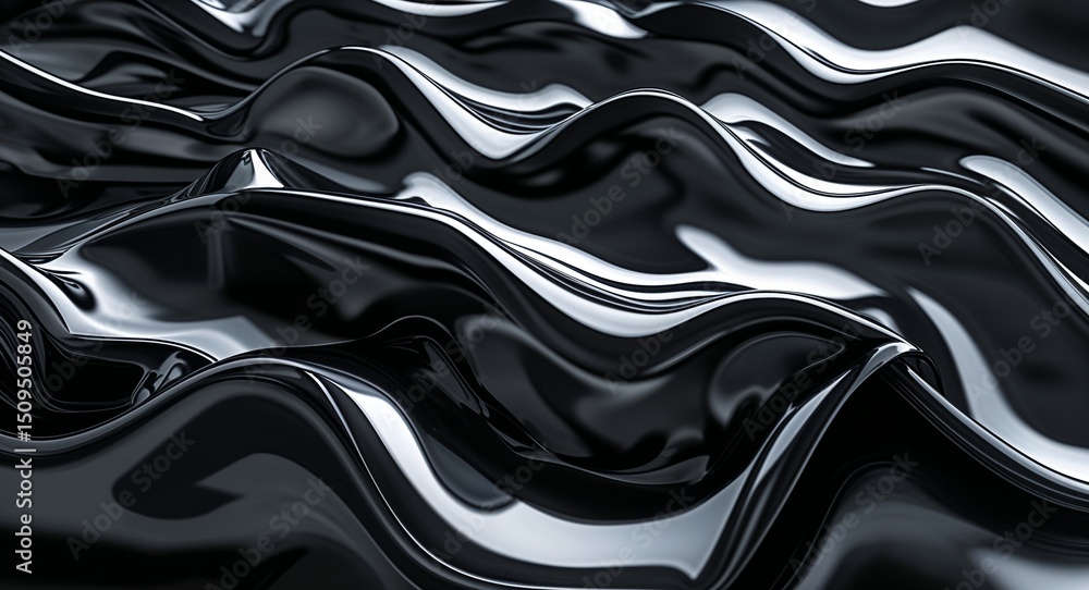 Aufkleber glossy black abstract surface with wavy textures and dynamic light reflections creating depth