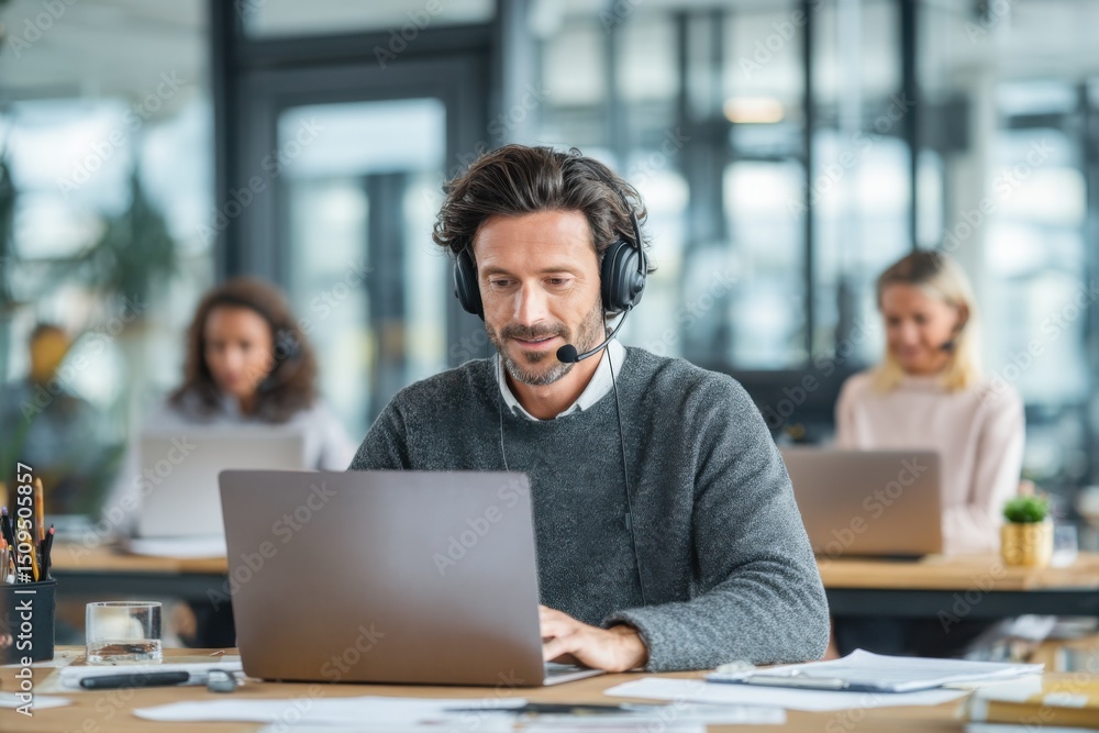 Aufkleber man with headset working on laptop in modern office, illustrating customer service and remote collab