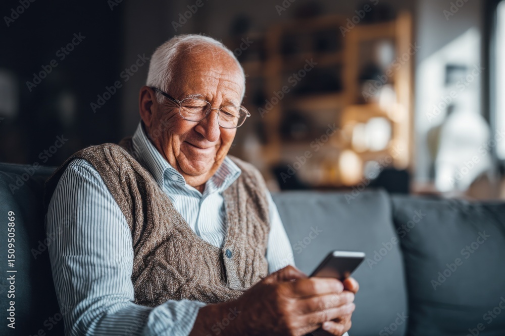 Aufkleber Smiling Senior Man Using Smartphone on Sofa, Representing Connection and Intergenerational Communication in Modern Retirement Living : Generative AI