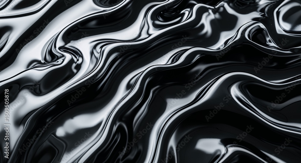 Aufkleber glossy black abstract surface with wavy textures and dynamic light reflections creating depth