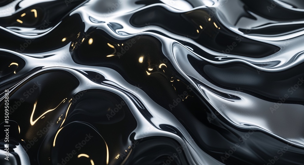 Aufkleber glossy black abstract surface with wavy textures and dynamic light reflections creating depth
