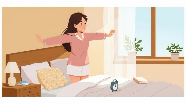 Woman waking up in bedroom