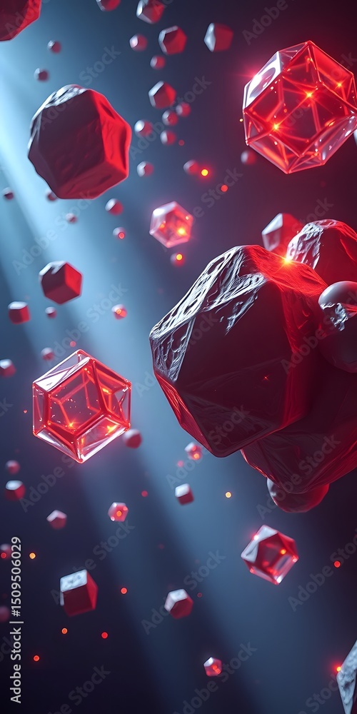 Poster abstract three dimensional spheres, cubes and pyramids. floating in space with dynamic light. shinin