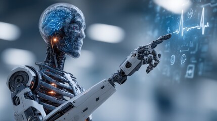 Cyborg Touching Futuristic Medical Interface, Representing Healthcare Innovation and Technological Advancement in Medicine and Scientific Discovery : Generative AI