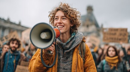 Smiling Woman Speaking Into Megaphone at Protest, Representing Activism and Social Change Advocacy for a Better World and Community Engagement : Generative AI