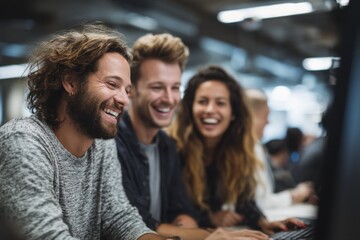 Obraz premium Smiling Colleagues Working Together in Modern Office, Representing Teamwork and Positive Workplace Culture for Recruitment and Employee Engagement Campaigns : Generative AI