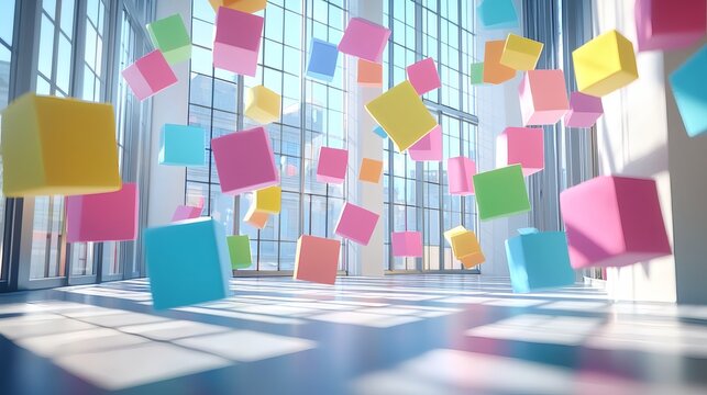 inclusive workplace for neurodivergent people abstract colorful mind maps floating in digital office scene, symbolic interaction with blank space