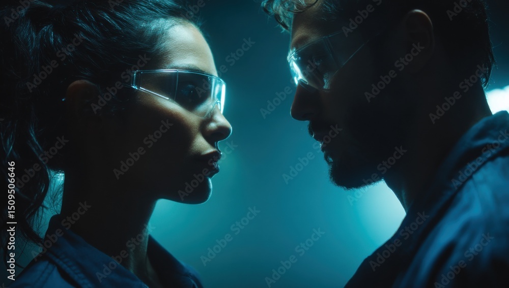 Poster two scientists in safety glasses face each other in dark lab, representing collaboration and industr