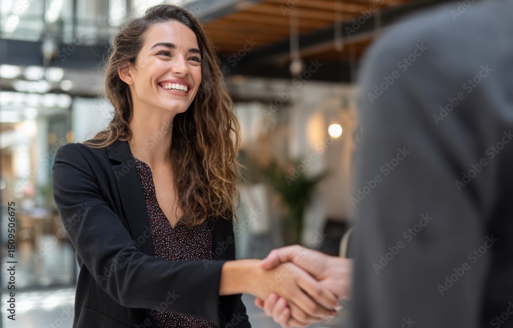 Poster smiling woman shaking hands in modern office, representing business partnership and successful colla