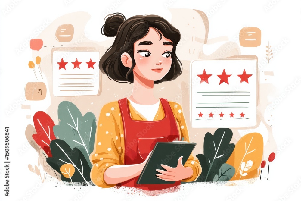 Aufkleber woman in apron holding tablet with customer reviews, representing feedback and service improvement f