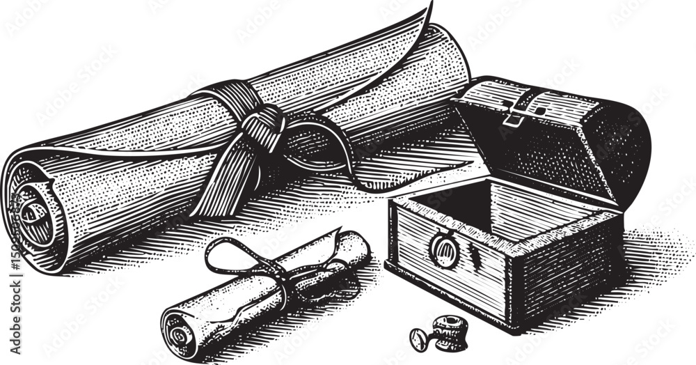 Poster rolled parchment scroll rests beside an open wooden chest with small metallic objects.
