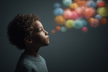 Young Boy Gazing at Colorful Light Orbs, Representing Imagination and Childhood Dreams, Ideal for Education and Child Development Campaigns : Generative AI