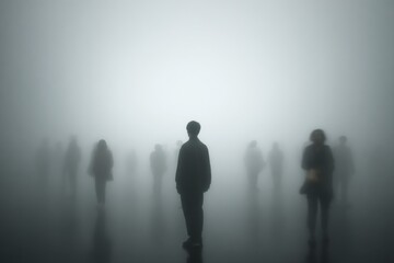 Fototapeta premium Silhouette of Man Standing in Fog Among Blurred Figures, Representing Isolation and Mental Health Awareness, Suitable for Recruitment Campaigns : Generative AI