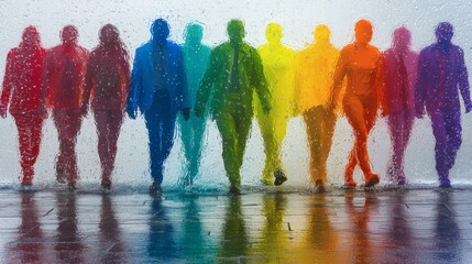 office diversity represented in surreal form through layered transparent human figures, concept of neurodivergent workplace inclusion