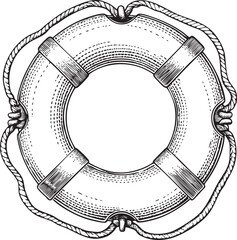 circular life preserver floats prominently against a dark background.