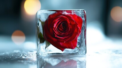 A red in the ice cube on the table