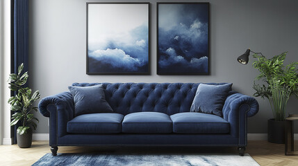 Luxurious dark blue sofa with decorative pillows and modern artwork in stylish living room