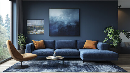 modern living room featuring dark blue sofa and recliner chair, creating cozy atmosphere