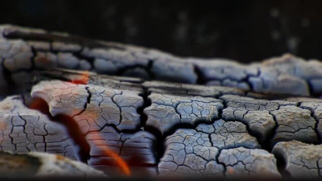 Close up of burning wood with cracked surface and bright orange flames