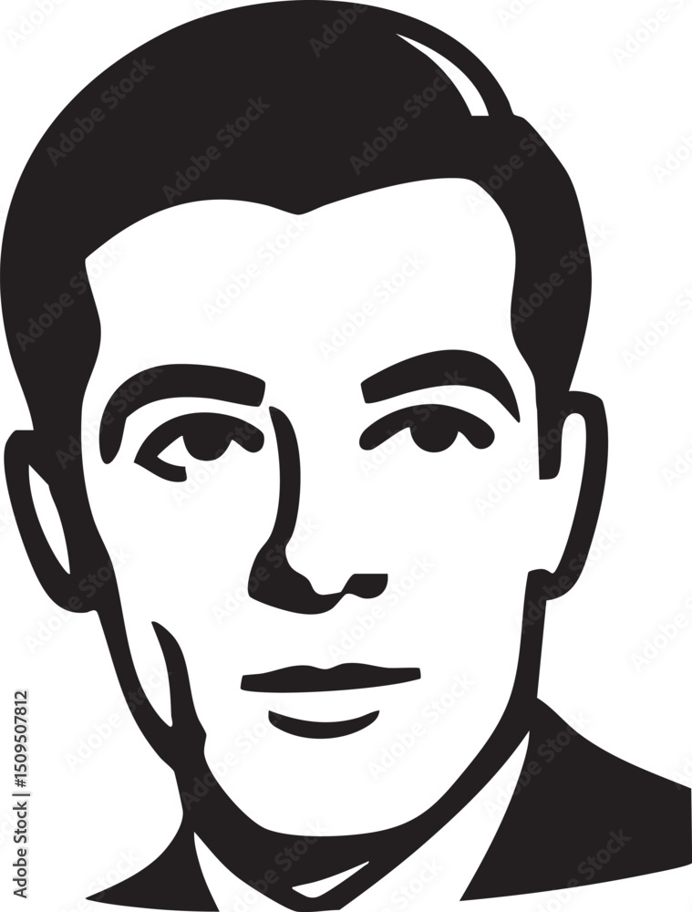Poster man with a serious expression gazes directly at the viewer.