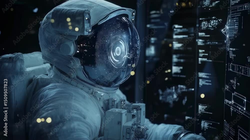 Poster astronaut in space operates a futuristic heads up display interface projected on a transparent scree
