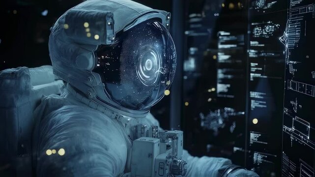 Astronaut in space operates a futuristic heads up display interface projected on a transparent screen, with data and graphics related to space exploration