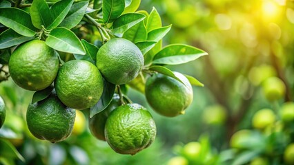 Green citrus fruits with leaves on a tree in a garden, green citrus