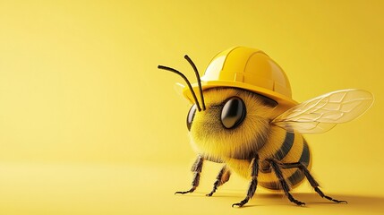 A bee mascot wearing construction helmet on yellow background