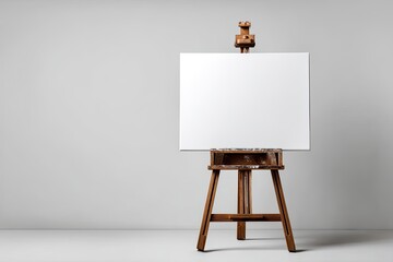 A blank canvas on a wooden easel stands against a neutral gray wall in a minimalist studio setting