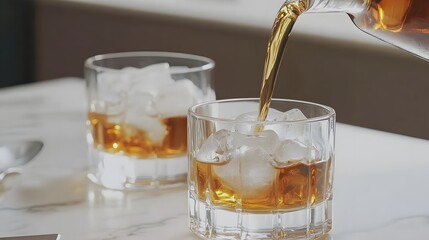 Pouring Whiskey into Rocks Glasses with Ice Cubes