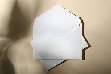 Blank greeting card and paper envelopes on beige background, top view