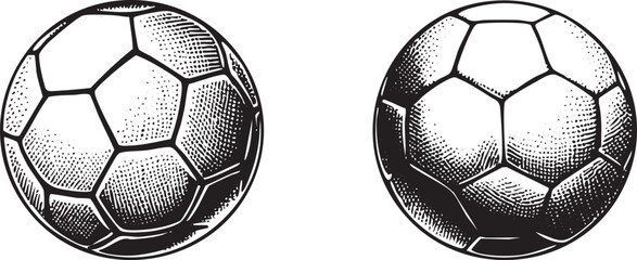 Two detailed black and white soccer balls are presented in a linear arrangement.