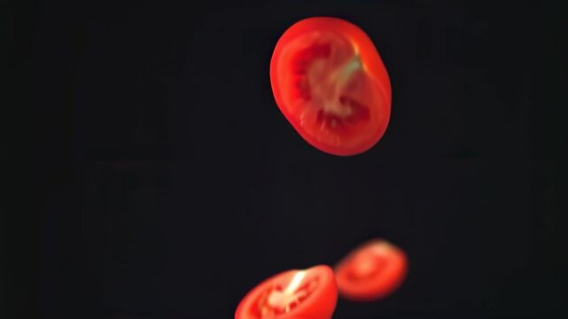 Slices tomato, floating in the air, food professional video on black background