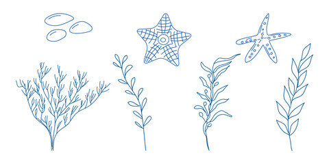 Marine elements doodle style set in blue la dolce vita. Italian style. Undersea world. Menu design of postcard and poster. Vector illustration.