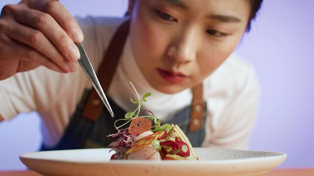 Chef carefully plating a dish with tweezers in a culinary presentation