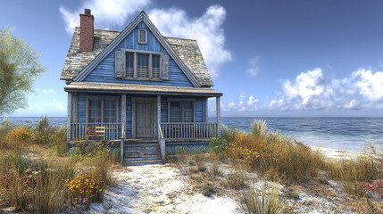 charming blue house by sea, surrounded by grass and flowers, evokes peaceful atmosphere