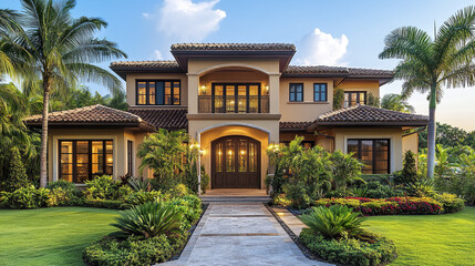 Obraz premium stunning facade of beautiful house surrounded by lush greenery and vibrant garden