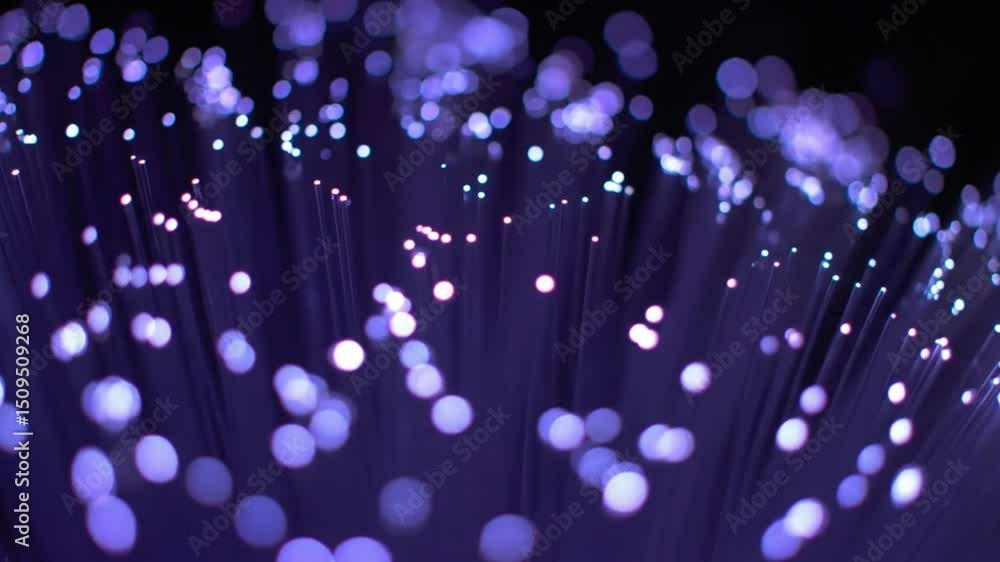 Poster abstract view of fiber optic cables with bokeh lights in a dark background