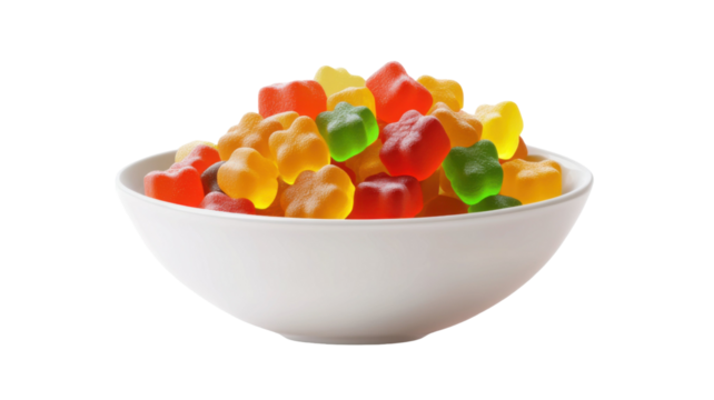 Colorful jelly beans in a bowl isolated on white background