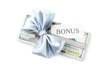 Dollar banknotes and card with word Bonus isolated on white, top view