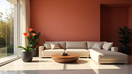 Modern living room interior featuring neutral tones sleek furniture and cozy decorative accents throughout