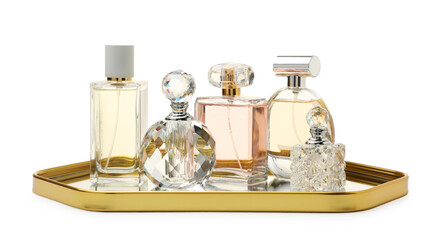 Many different perfume bottles isolated on white