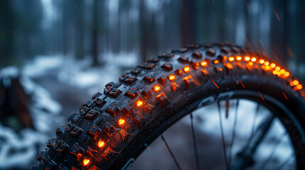 Glowing LED bike tire grips snowy trail. Close-up of illuminated tread in winter forest. Perfect for cycling ads, tech innovation themes, and extreme sports visuals.