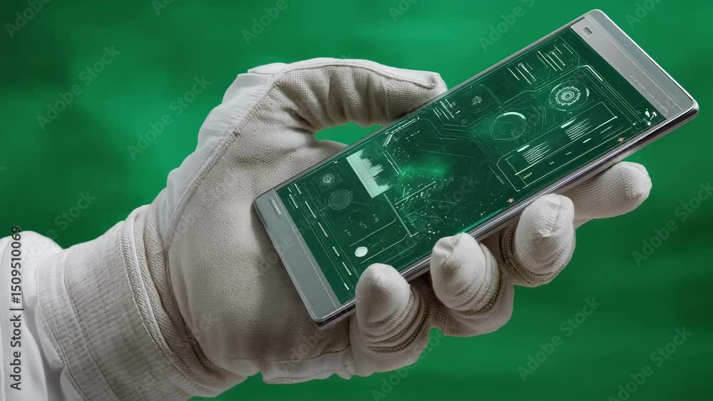 Poster astronaut wearing a spacesuit glove holds a smartphone displaying a futuristic green heads up displa
