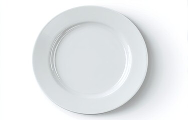 A clean, white, round dinner plate with a subtle shadow cast on a plain white background, viewed from directly overhead