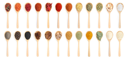 Different aromatic spices in wooden spoons on white background, set. Top view