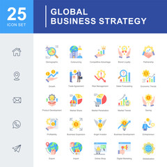 A business icon set focused on global strategy, market trends, investment, trade, and digital marketing for modern growth and competitive advantage.