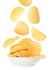 Tasty crispy potato chips falling into bowl on white background